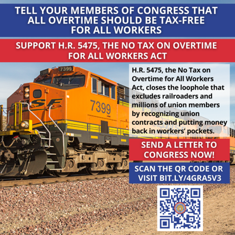 Freight train with overtime tax-free advocacy poster by IBEW 1837