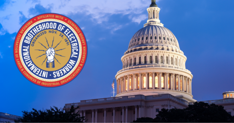 IBEW Brotherhood of Electrical Workers logo beside the U.S. Capitol dome by IBEW 1837